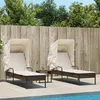 Image de vidaXL Chaises longues lot de 2 et auvents et table marron poly rotin, lit de bronzage, chaise longue inclinable, lit de 3261570