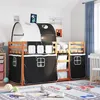 Image de vidaXL Lit superposé avec rideaux blanc/noir 90x200 cm bois pin massif, lit, cadre de lit, lit superposé bas, meuble de 3284036