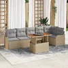 Image de Canapé de jardin 7 pièces avec coussins beige en poly rotin, Canapé 2 places avec rangement et coussins beige en poly rotin