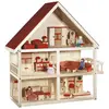 Image de ROBA Maison de poupée en bois 3 niveaux - Naturel rouge - 4 poupées