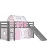 Image de Vipack Lit Enfant Surélevé Avec Toboggan Gris + Rideau et tunnel de lit + 3 pochettes birdy