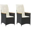 Image de vidaXL Chaises inclinables de jardin rotin noir - Lot de 2 avec coussins
