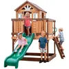Image de Aire De Jeux En Bois  Maisonnette Avec Toboggan Vert, Bac Ã Sable, Cuisine Enfant & VÃ©randa  Cabane En Bois Marron Pour Le Jardin / ExtÃ©rieur - Backyard Discovery Echo Heights