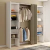 Image de Dressing extensible double MERYL 120/180 x 50 x 180 cm blanc avec Ã©tagÃ¨res hÃªtre + double penderie + rideau taupe