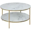 Image de Table basse ronde effet marbre en verre et mÃ©tal 2 niveaux - L.80 cm x H. 45 cm - DorÃ© et blanc