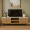 Image de Meuble TV aspect bois rainurÃ© et marbre avec tiroirs et placard 150cm TRIX