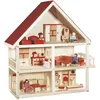 Image de Maison De PoupÃ©e En Bois Naturel Roba - Toit Ã Pignon Rouge - 3 Ãtages - 4 PoupÃ©es Et Meubles Miniatures
