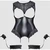 Image de Body Ouvert Effet Cuir & Dentelle Avec Jarretelles Menottes