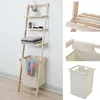 Image de ÃtagÃ¨re murale Ã©chelle de salle de bain HWC-B59, panier Ã  linge, Ã©tagÃ¨re en bois de pin 152x41x35 cm, 39l