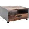 Image de Table basse carrÃ© a roulette - Panneaux de particules - DÃ©cor bois vieilli et gris - Double plateau -1 Tiroir - L70 x P70 x H40 cm