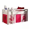 Image de Vipack PINO Lit sureleve en pin massif avec sommier Blanc + Rideau de lit Pink Flower