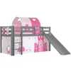 Image de Vipack Lit Enfant Surlev Avec Toboggan Pino Gris + Rideau + Tunnel De Lit+ 3 Pochettes Princess