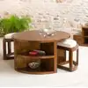 Image de Lauren - table basse et 2 tabourets coussins écrus bois mindi marron
