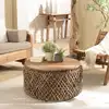 Image de Sixtine - table basse ronde diam70 rotin, plateau bois teck recyclé