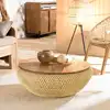 Image de Sixtine - table basse ronde diam80 plateau bois teck recyclé rotin