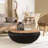 Image de Sixtine - table basse ronde diam100 rotin noir plateau bois teck recyclé