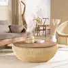 Image de Sixtine - table basse ronde diam 100 en rotin beige bois teck recyclé