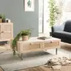 Image de Aline - table basse bois 2 tiroirs toile de jute pieds métal doré