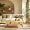 Image de Helena - table basse 2 tiroirs bois pin pieds métal vert