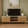 Image de Trix meuble tv aspect bois rainuré et marbre avec tiroirs et placard 150cm