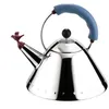 Image de Alessi 9093 Bouilloire En Acier Inoxydable 18/10 Brillant Avec PoignÃ©e Et Sifflet-Oisillon Bleu Clair