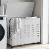 Image de vidaXL Panier Ã  linge avec roulettes blanc 66x35x60 cm rÃ©sine tressÃ©e
