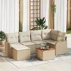 Image de Ensemble De CanapÃ© De Jardin 7 PiÃ¨ces Avec Coussins Beige Poly Rotin Acacia, CanapÃ© De Jardin 2 Places Avec Rangement& Coussins Beige Poly Rotin