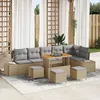 Image de Ensemble De CanapÃ© De Jardin 10 PiÃ¨ces Avec Coussins Poly Rotin Beige Acacia, CanapÃ© De Jardin 2 Places Avec Coussins Poly Rotin Beige, Ensemble De Salle Ã Manger Jardin 4 PiÃ¨ces Avec Coussins Poly Rotin Acacia