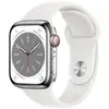 Image de Apple Watch Series 8 (2022) GPS + Cellular 41 mm - Acier inoxydable Argent - Bracelet sport Blanc en occasion ou reconditionné