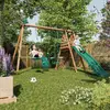 Image de Portique En Bois Rond 3 Agrès Balançoire Bébé, Face À Face Et Toboggan Tulipe Marron