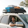 Image de HOMCOM Porte-bagage universel pour voiture en acier 110,5x99,5x18,5cm, charge 90,7kg, design aérodynamique avec déflecteur d'air, panier de toit pour véhicules tout-terrain, noir
