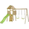 Image de Aire De Jeux Bois, 2 Balançoires, Toboggan, Escalade, Cabane Woodi Marron