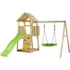 Image de Aire De Jeux Bois, 2 Balançoires, Nid, Toboggan, Escalade, Bac À Sable Woodi Marron