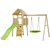 Image de Aire De Jeux Bois, 2 Balançoires, Nid, Toboggan, Escalade, Cabane Woodi Marron