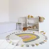 Image de Tapis Enfant Coton Lavable Arc En Ciel Avec Pompons Rainbow Multicolore - Vert, Jaune, Ros