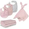 Image de Set De 3 Bavoirs En Coton Bio + 3 Langes + 1 Serviette Doudou Lil Planet Rose Pastel - Gris / Lapin