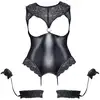 Image de Body Ouvert Effet Cuir & Dentelle Avec Jarretelles Menottes