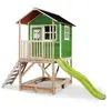 Image de Maisonnette En Bois Sur Pilotis Avec Bac À Sable Et Toboggan Vert
