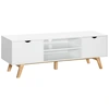 Image de HOMCOM Meuble TV moderne grand plateau 2 armoires à porte et 2 niches ouvertes pied en bois hévéa 150 x 39 x 50 cm blanc