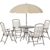 Image de Outsunny Ensemble salon de jardin 4 chaises pliables table ronde verre trempé et paraol tissu polyester cadre acier Ø 80 x 69 5 cm beige