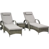 Image de Outsunny Lot de 2 transats : matelas, têtière, inclinaison réglable multipostions, accoudoirs, roulettes + table basse résine tressée 4 fils gris