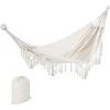 Image de Outsunny Hamac de jardin suspendu camping vogage coton polyester dentelle à franges avec sac à cordon blanc crème 288 x 150 x 35 cm