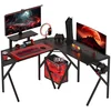 Image de HOMCOM Bureau gaming en forme de L bureau d'angle en panneau de particules avec crochet pour casque porte-gobelet et étagère de moniteur noir
