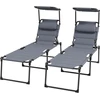 Image de Outsunny Lot de 2 Bains de soleil transats pliables grand confort dossier pare-soleil réglables multi-positions, gris
