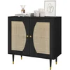 Image de HOMCOM Buffet haut meuble de rangement design bohème double portes avec 2 niveaux, façade en rotin 80 x 38 x 79 cm noir