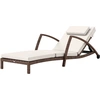 Image de Outsunny Bain de soleil, chaise longue en résine tressée avec dossier réglable, roulettes, coussin et accoudoirs, marron et beige