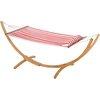 Image de Outsunny Hamac sur pied 1 place, hamac avec support en bois oreiller de tête, lit en coton, 310x118x120cm, rouge et blanche