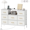 Image de HOMCOM Commode 8 tiroirs en tissu bouclette, meuble de rangement avec 2 prises de courant, structure en acier 110x30x76cm crème