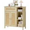 Image de HOMCOM Buffet, meuble de rangement, 2 portes en rotin, tiroir, niches ouvertes, étagères réglables, 75x30x79,5cm, bois naturel