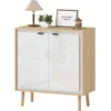 Image de HOMCOM Buffet à haute brillance, meuble de rangement avec double porte, étagère réglable, 72 x 35 x 77 cm, blanc et chêne